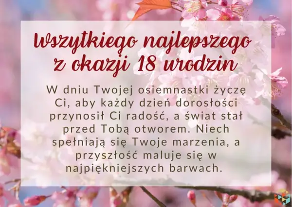 Życzenia na 18 urodziny z podziękowaniami dla rodziców. W tle kwitnące drzewo wiśni.